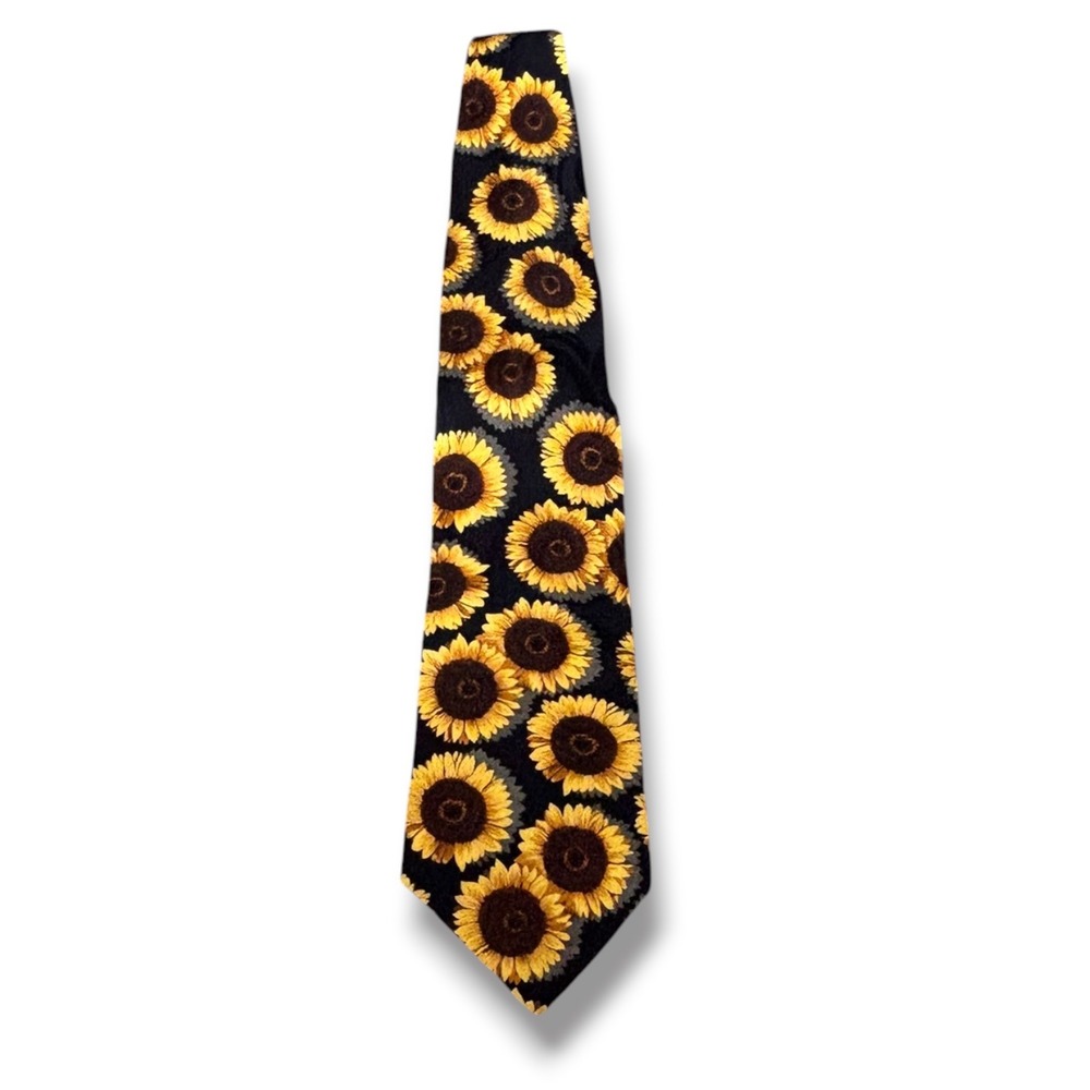 Structure Vintage 90s Sunflower Floral Novelty Necktie Black Yellow Tie